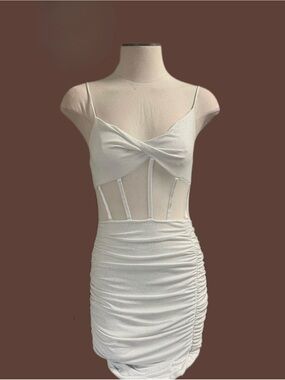Twist-Front White Ruched Mesh Mini Dress